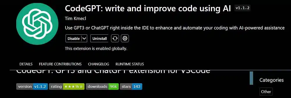 3- CodeGPT بواسطة Tim Kmeckl لأجل Visual Studio Code