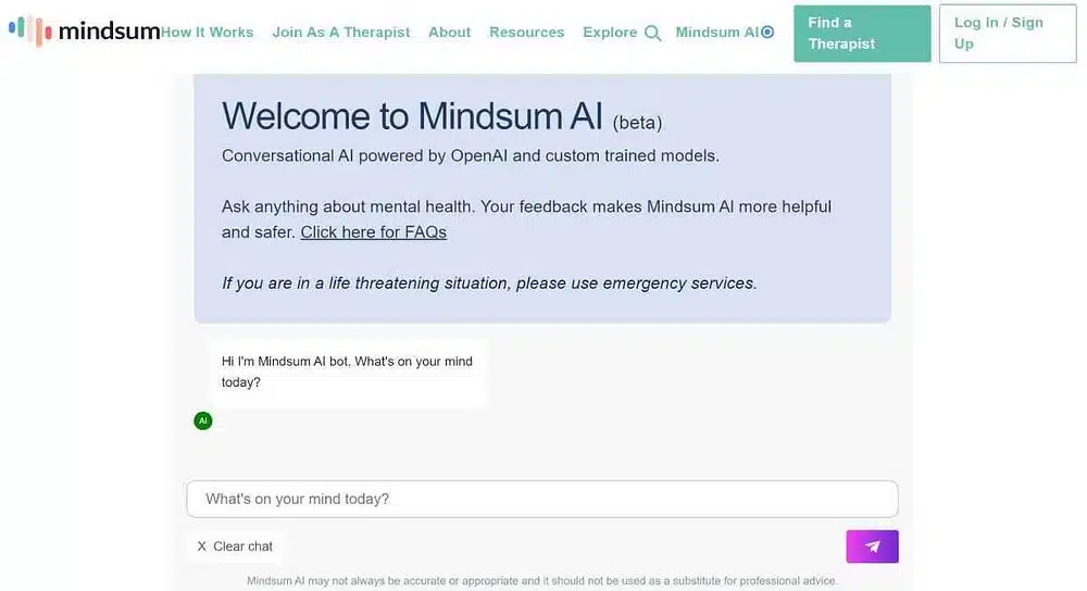 4- روبوت Mindsum - اسأل واحصل على معلومات حول الصحة العقلية