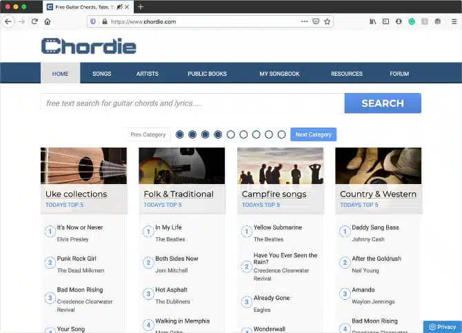5- موقع Chordie - ابحث عن  والأغاني وتعلم طريقة العزف عليها