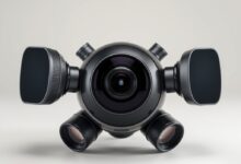 كاميرا 360 حديثة مع عدسات بزاوية واسعة INTERNAL_IMAGE_PROMPT: Documentary-style photo of a person mounting a 360-degree camera on a tripod outdoors for a virtual tour shoot, showing camera, tripod, and surrounding environment in natural light, clear composition. INTERNAL_