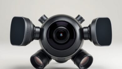 كاميرا 360 حديثة مع عدسات بزاوية واسعة INTERNAL_IMAGE_PROMPT: Documentary-style photo of a person mounting a 360-degree camera on a tripod outdoors for a virtual tour shoot, showing camera, tripod, and surrounding environment in natural light, clear composition. INTERNAL_