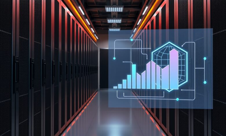 صورة خوادم ومخططات توضح تكلفة تشغيل الذكاء الاصطناعي