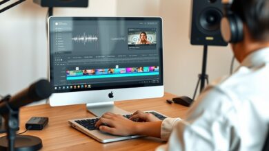 مبدع يعمل على Mac باستخدام أدوات Apple Creator Studio لتحرير الفيديو بالذكاء الاصطناعي