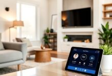 واجهة Apple HomeView على جهاز لوحي في غرفة مع أجهزة ذكية