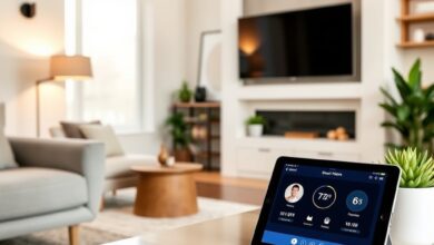 واجهة Apple HomeView على جهاز لوحي في غرفة مع أجهزة ذكية