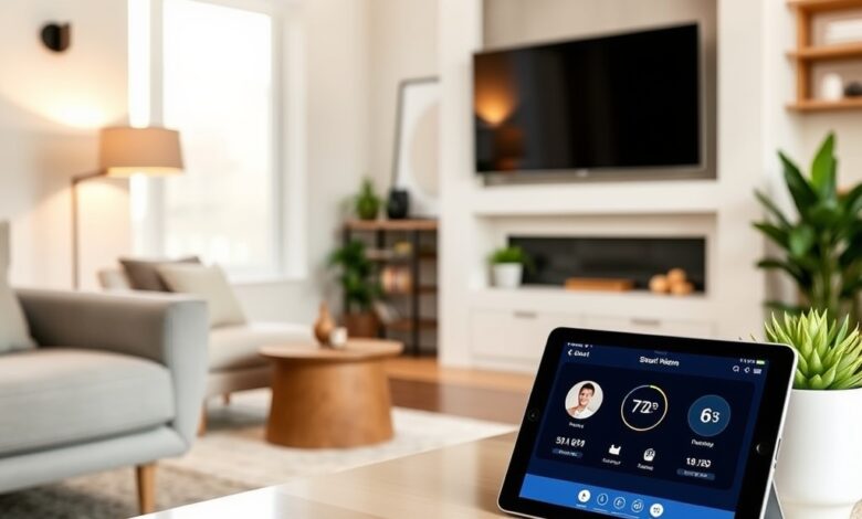 واجهة Apple HomeView على جهاز لوحي في غرفة مع أجهزة ذكية