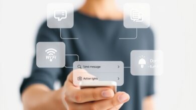 هاتف ذكي يعرض واجهة أتمتة الهاتف مدمجة مع أيقونات الإجراءات