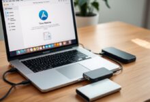 النسخ الاحتياطي macOS إلى قرص خارجي مع جهاز ماك متصل بقرص SSD خارجي