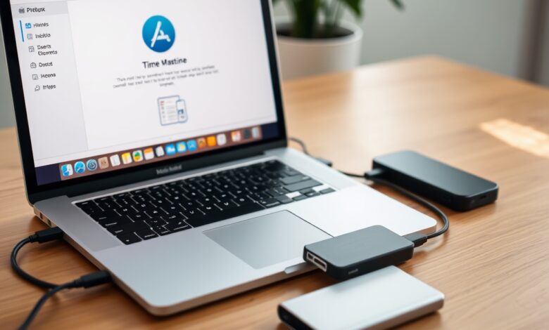 النسخ الاحتياطي macOS إلى قرص خارجي مع جهاز ماك متصل بقرص SSD خارجي