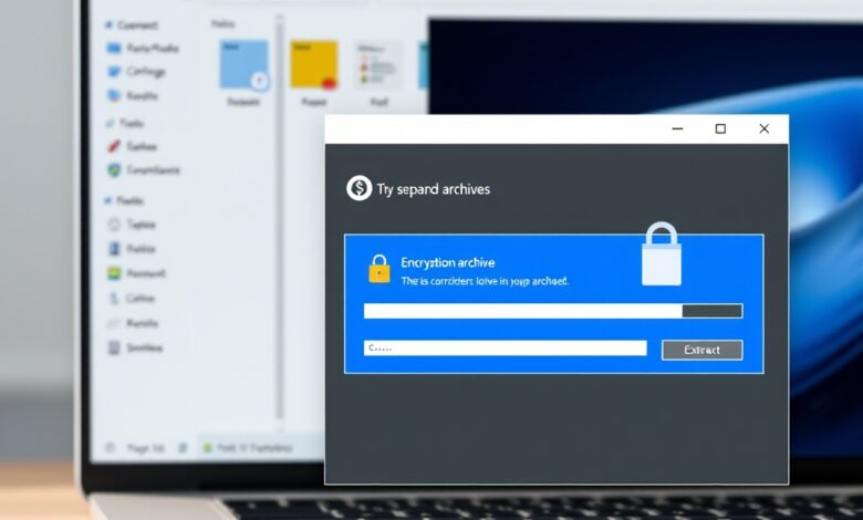 واجهة برنامج بديل WinRAR تُظهر استخراج أرشيف مع تفعيل التشفير