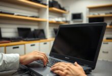 شخص يفحص لابتوب في متجر — شراء أجهزة مستعملة