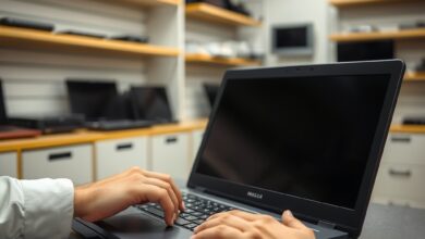 شخص يفحص لابتوب في متجر — شراء أجهزة مستعملة