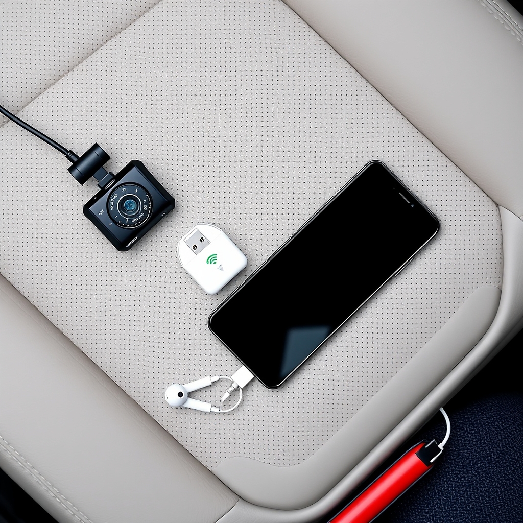 أمثلة لأجهزة يمكن تشغيلها عبر منفذ USB في السيارة، مع هاتف وكاميرا داش كام