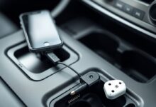 مخرج يظهر منفذ USB في السيارة مع أجهزة متصلة للشحن والكاميرا والراوتر