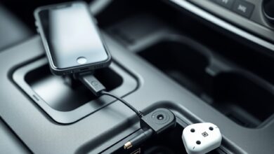 مخرج يظهر منفذ USB في السيارة مع أجهزة متصلة للشحن والكاميرا والراوتر