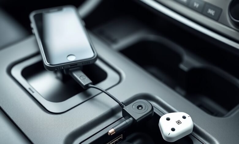 مخرج يظهر منفذ USB في السيارة مع أجهزة متصلة للشحن والكاميرا والراوتر