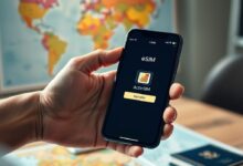 هاتف يعرض تفعيل باقة eSIM أثناء التحضير للسفر