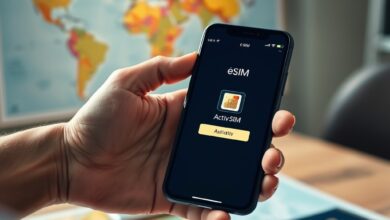 هاتف يعرض تفعيل باقة eSIM أثناء التحضير للسفر