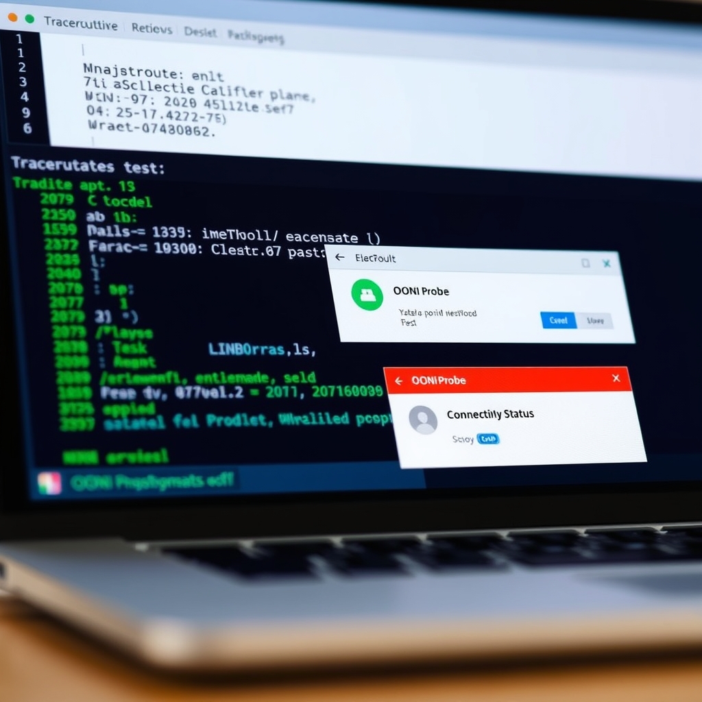 شاشة نتائج فحص الاتصال مثل traceroute وOONI توضح خطوات كشف انقطاع الإنترنت
