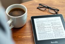 قارئ إلكتروني على طاولة خشبية مع قهوة ونظارات