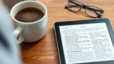 قارئ إلكتروني على طاولة خشبية مع قهوة ونظارات