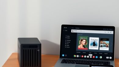 واجهة مكتبة رقمية توضح استخدام Jellyfin للكتب على NAS وأجهزة متعددة
