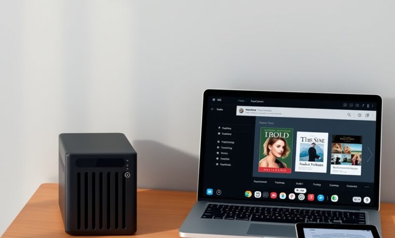 واجهة مكتبة رقمية توضح استخدام Jellyfin للكتب على NAS وأجهزة متعددة
