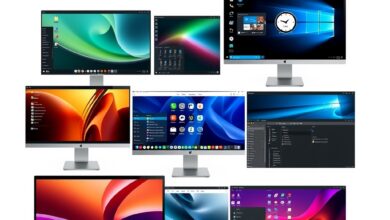 لوحة عرض توضح بيئات سطح مكتب لينكس مختلفة على شاشات كمبيوتر