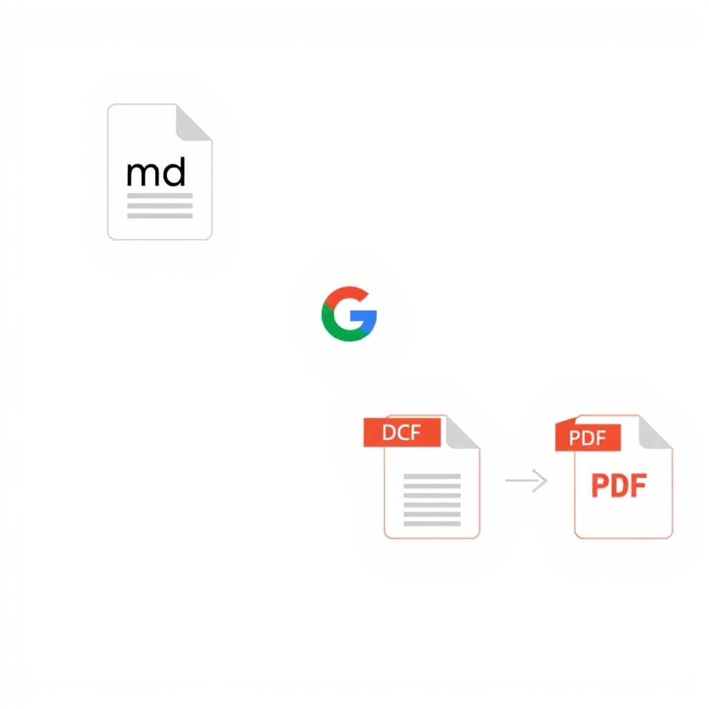 مخطط يوضح تحويل ملف .md إلى مستند Google Docs وصيغ تصدير متنوعة