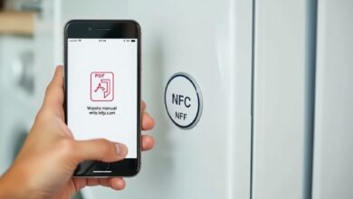 هاتف يقرأ ملصقات NFC للأجهزة على غسالة