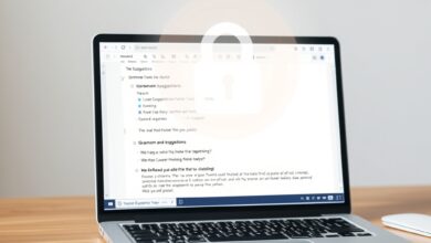 حاسوب محمول يعرض اقتراحات تحرير نصية مع إشارة لخصوصية مدقق نحوي يعمل محليًا