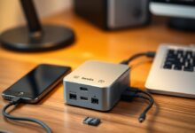 خادم جيب صغير على طاولة بجانب هاتف وذاكرة microSD