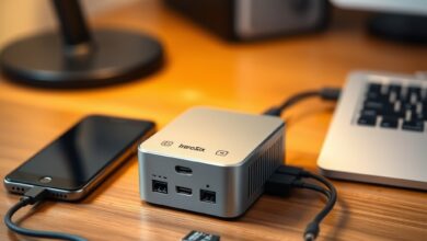 خادم جيب صغير على طاولة بجانب هاتف وذاكرة microSD