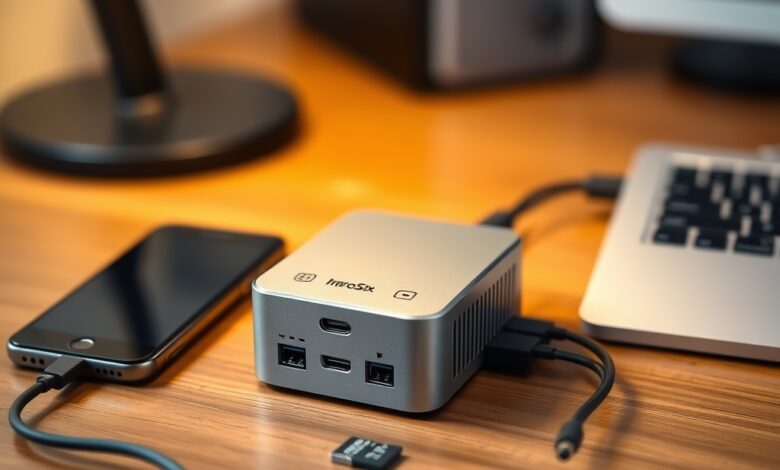 خادم جيب صغير على طاولة بجانب هاتف وذاكرة microSD