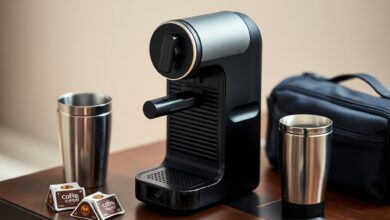 صورة ماكينة الإسبريسو المحمولة على طاولة سفر مع كوب متنقل