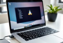 حاسوب محمول يعرض سطح مكتب بينما يوصل إليه USB لعمل لينكس محمول على USB