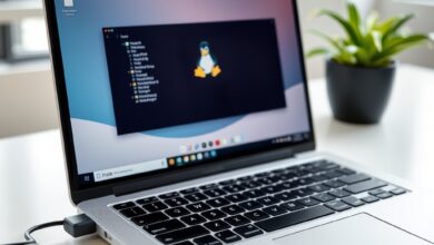 حاسوب محمول يعرض سطح مكتب بينما يوصل إليه USB لعمل لينكس محمول على USB