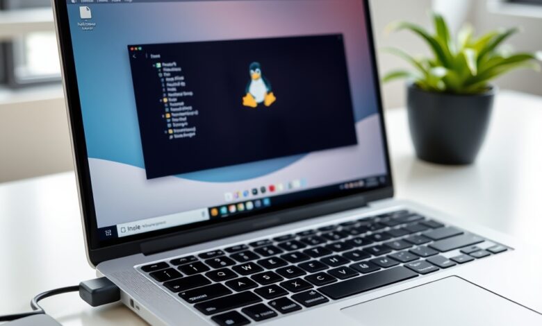 حاسوب محمول يعرض سطح مكتب بينما يوصل إليه USB لعمل لينكس محمول على USB