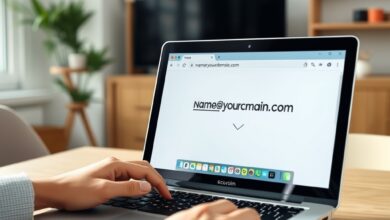شاشة عرض واجهة بريد إلكتروني خاص على لابتوب في مكتب منزلي