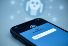 شاشة تسجيل دخول تطبيق البنك تظهر عناصر لحماية الحساب البنكي ومطالبة التحقق بخطوتين