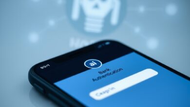 شاشة تسجيل دخول تطبيق البنك تظهر عناصر لحماية الحساب البنكي ومطالبة التحقق بخطوتين