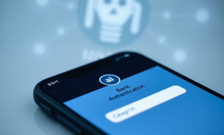 شاشة تسجيل دخول تطبيق البنك تظهر عناصر لحماية الحساب البنكي ومطالبة التحقق بخطوتين