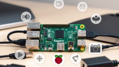 لوحة Raspberry Pi محاطة بمكونات ومخططات مشاريع Raspberry Pi