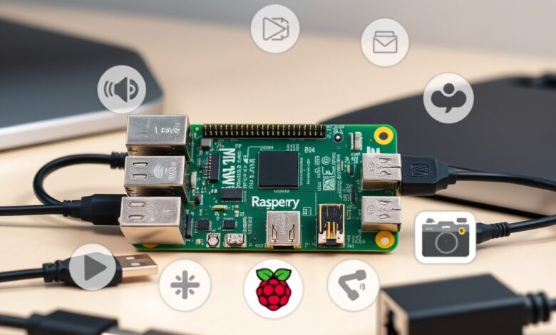 لوحة Raspberry Pi محاطة بمكونات ومخططات مشاريع Raspberry Pi