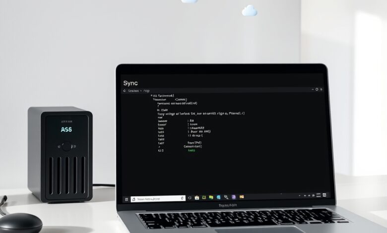 واجهة ترمينال تعرض أوامر rclone للنسخ الاحتياطي مع جهاز NAS وسحابة في الخلفية