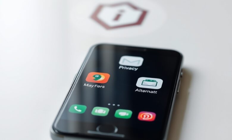 هاتف ذكي يعرض بدائل للتطبيقات مع درع خصوصية بعد استبدال تطبيقات جوجل