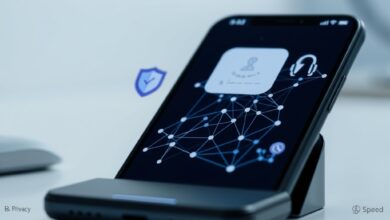 هاتف ذكي يعرض واجهة تشغيل LLM على الهاتف مع أيقونات الخصوصية والأداء