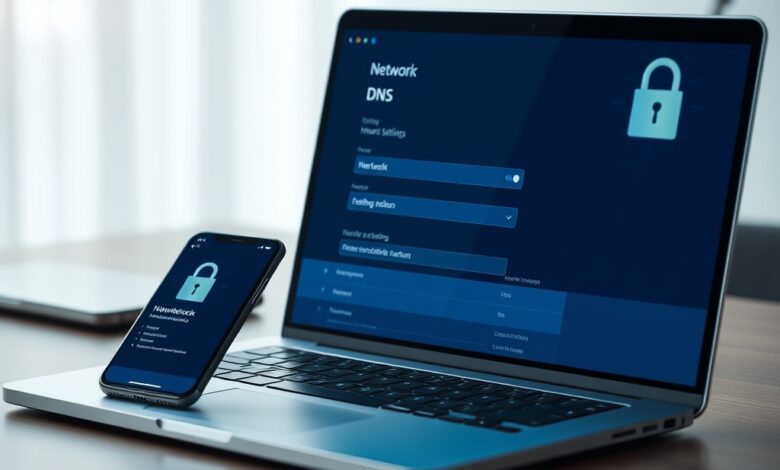 شاشة إعدادات للحصول على DNS آمن على لابتوب وهاتف