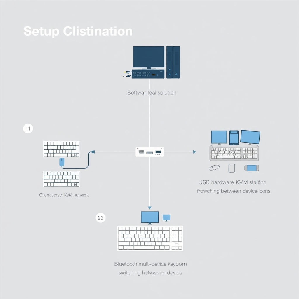 رسم يوضّح حلول مشاركة لوحة مفاتيح وفأرة: سويفتوير، مفتاح KVM، ولوحة بلوتوث متعددة الأجهزة