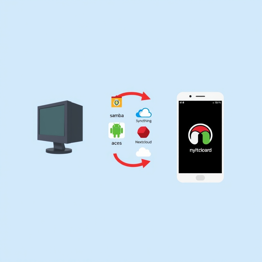 مخطط يوضح طرق مشاركة ملفات لينكس مع هاتف أندرويد عبر Samba وSSH وSyncthing